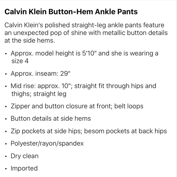 Calvin Klein Black Button-Hem Ankle Pants Sz:2 - Picture 4 of 4